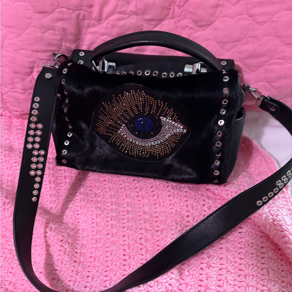 Embellished Eye Design Black Crossbody Bag